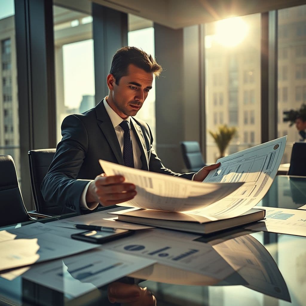 Hombre analizando documentos de crédito bancario con expresión de confianza