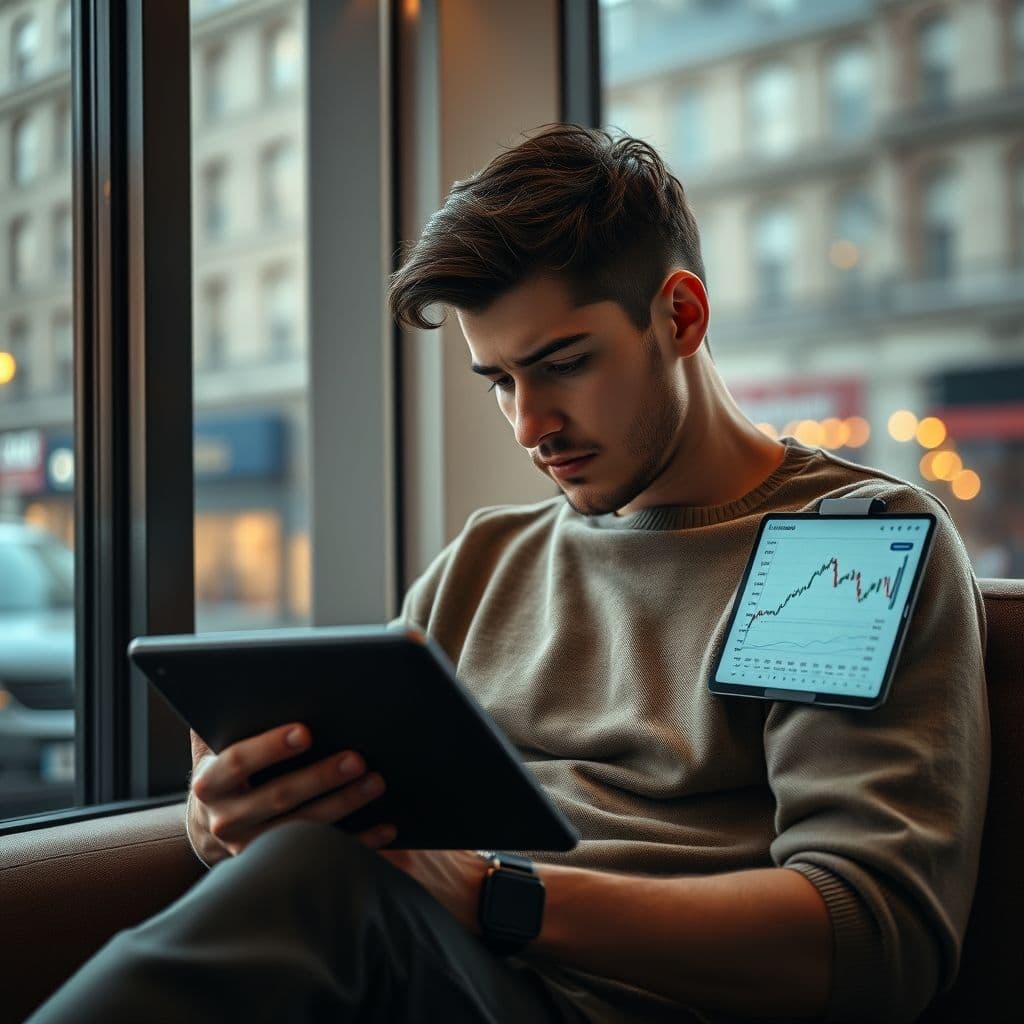 Joven revisando sus ahorros frente a un ordenador con gráficos de finanzas