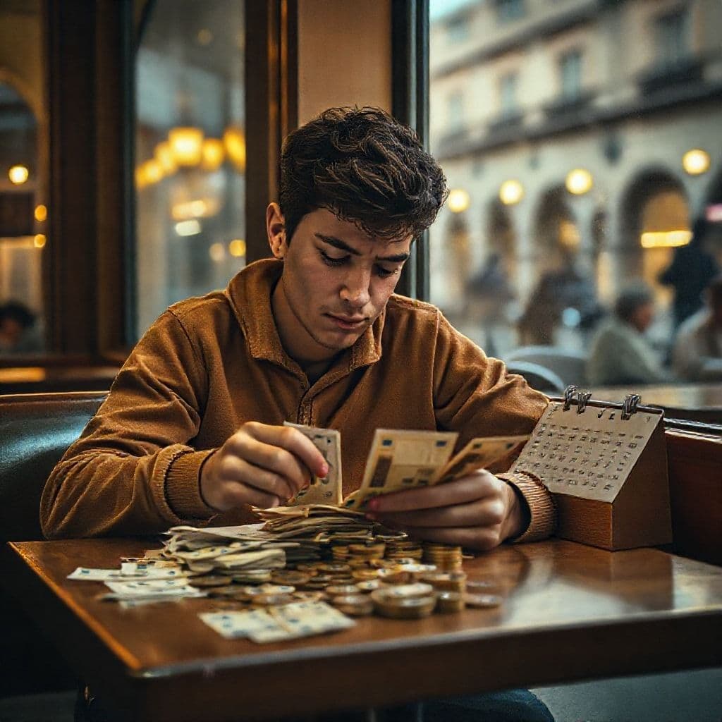 Persona sonriente contando monedas y billetes junto a un calendario de ahorro de 30 días