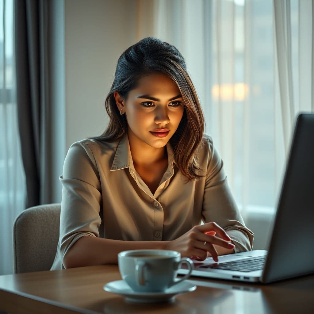 Persona revisando gráficos de inversión en laptop con café en escritorio moderno