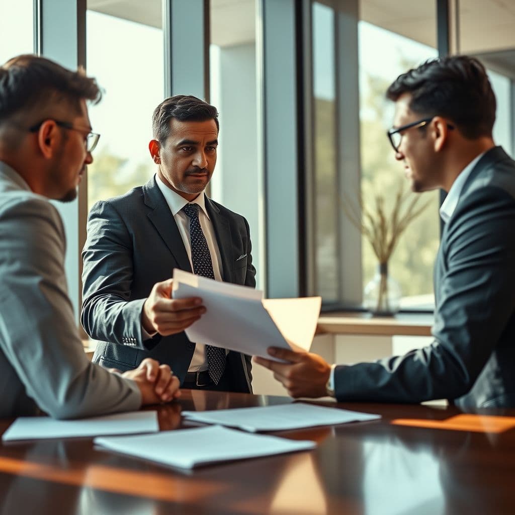 Abogado explicando documentos legales a cliente preocupado en oficina