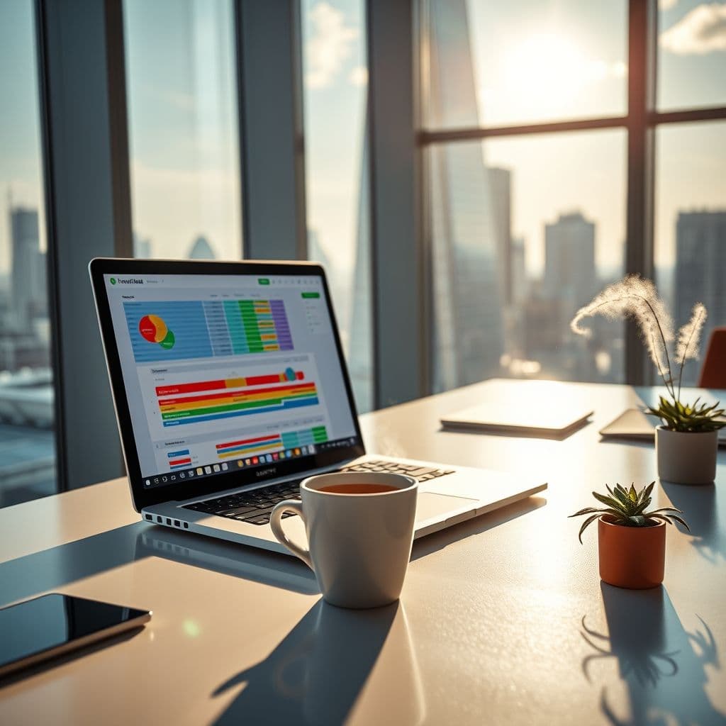 Plantilla financiera con gráficos de ingresos y gastos en pantalla de computadora