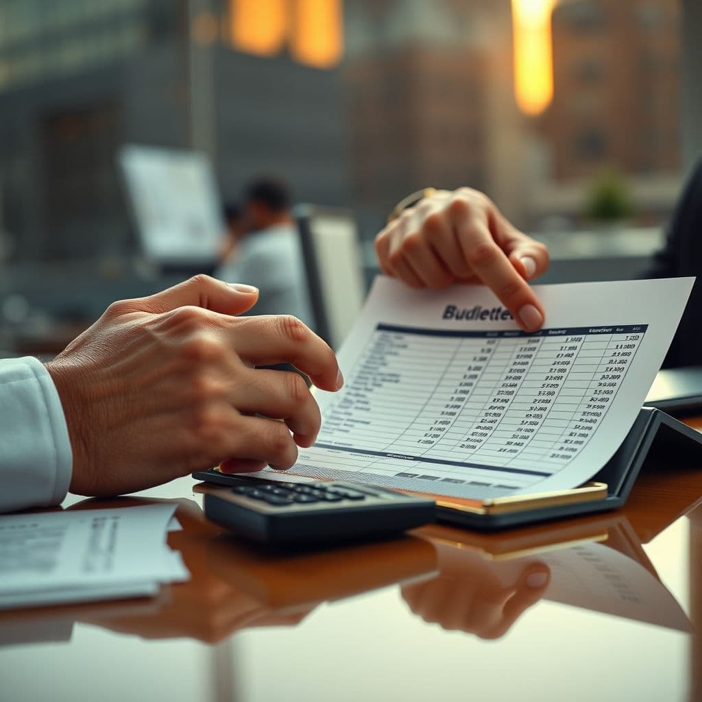 Persona tomando decisiones financieras conscientes con calculadora y presupuesto
