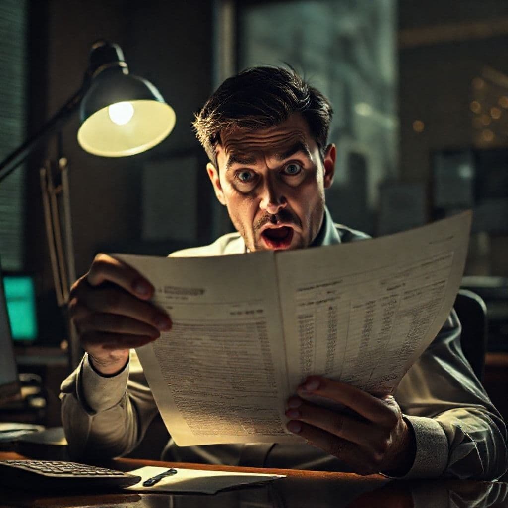 Hombre analizando estado de cuenta de préstamo con expresión de descubrimiento