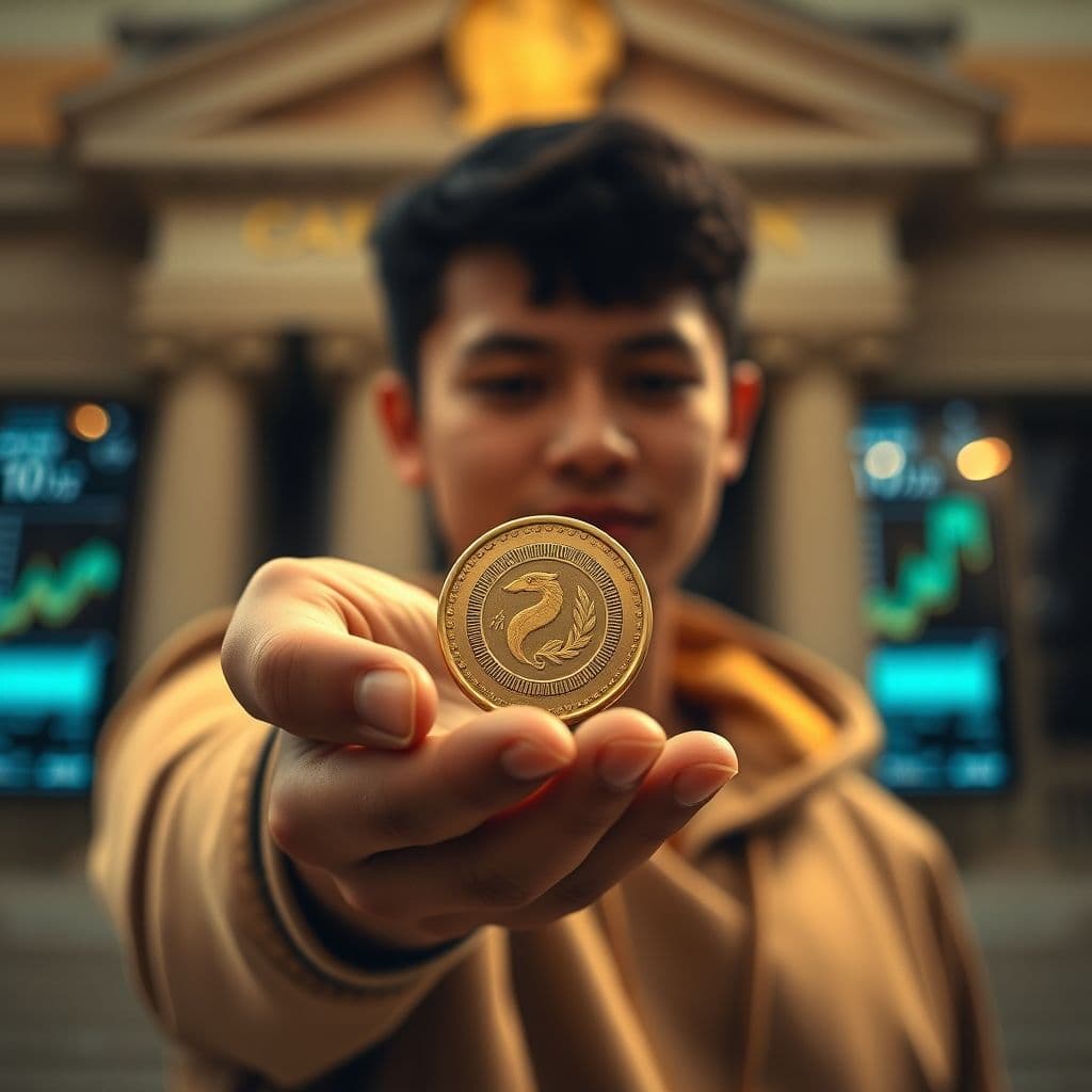 Persona sosteniendo una moneda de un sol con fondo de gráficos financieros