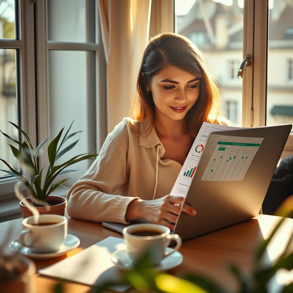 Mujer analizando presupuesto mensual en computadora con gráficos de finanzas
