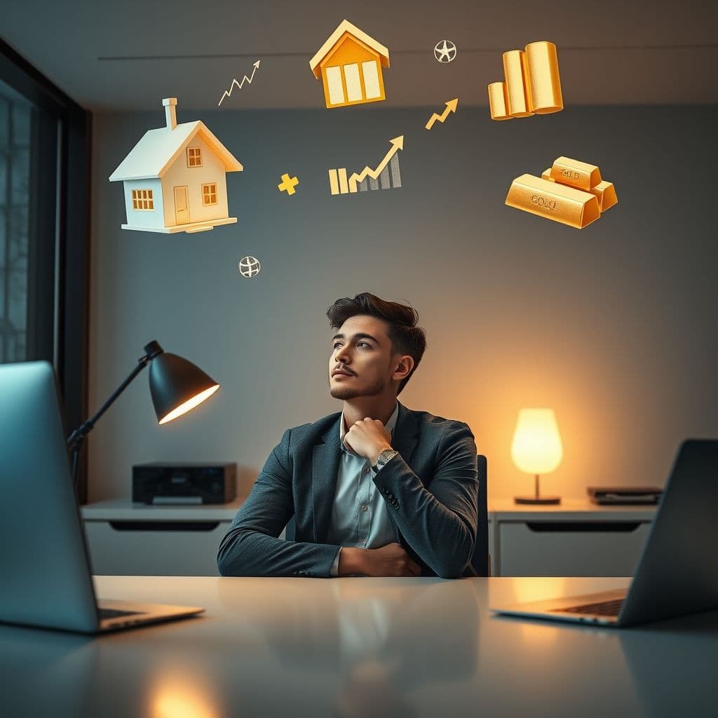Hombre evaluando opciones de inversión con iconos flotantes de diferentes activos.