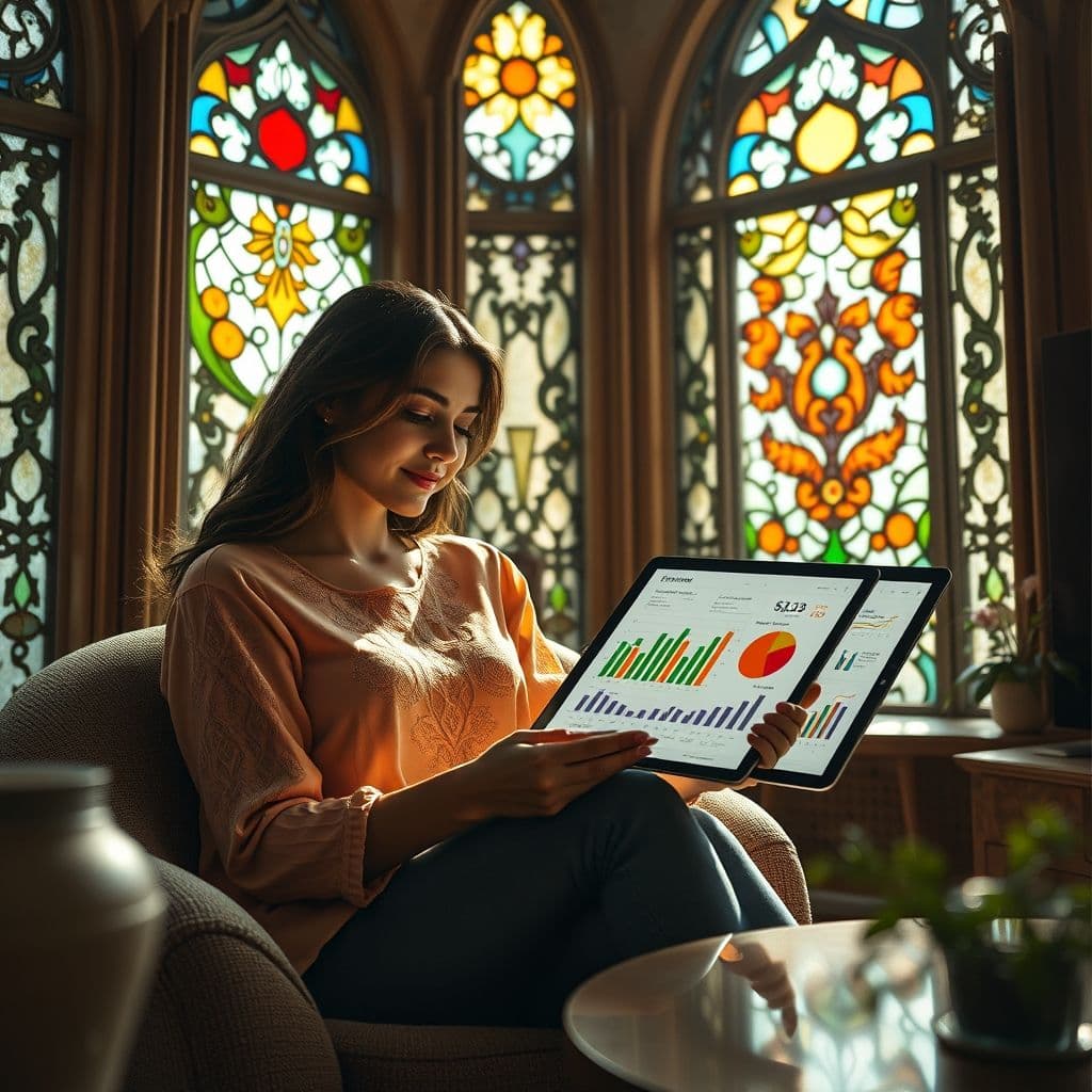 Mujer revisando sus finanzas personales en una tableta con gráficos de gastos