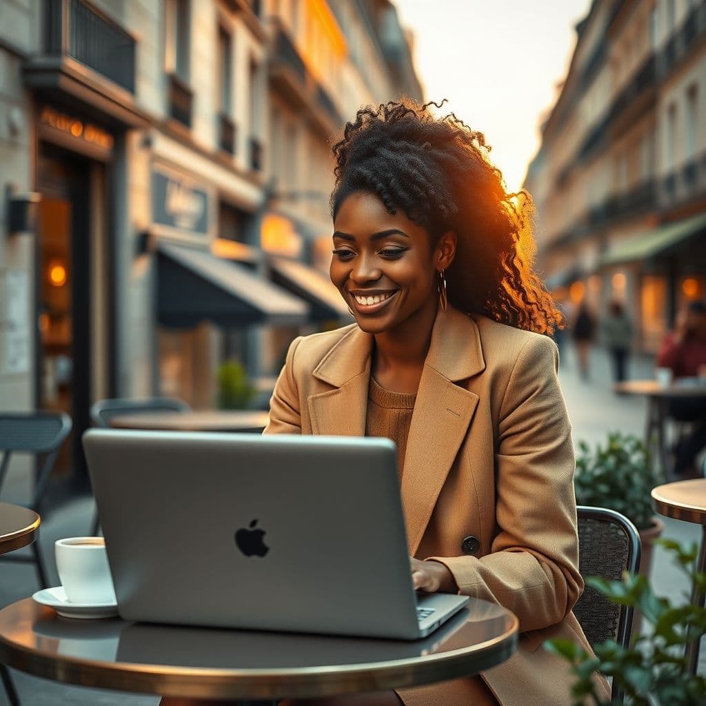 Mujer disfrutando un café en elegante cafetería mientras trabaja en su laptop