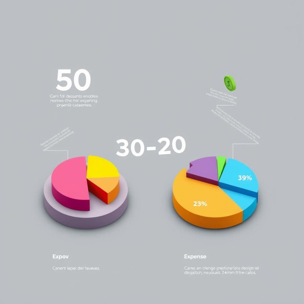 Infografía que explica visualmente la regla 50-30-20 con porcentajes y ejemplos