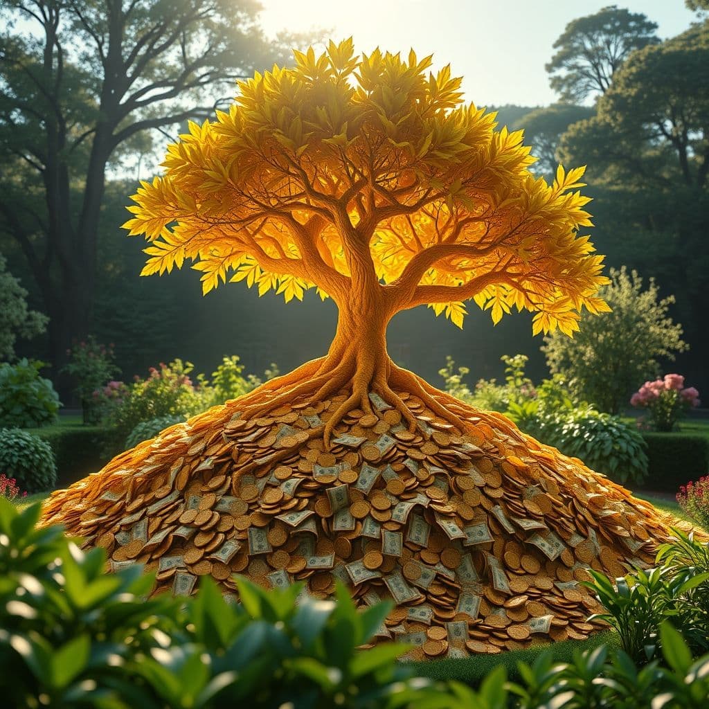 Concepto visual de activos financieros: billetes creciendo como un árbol con raíces fuertes.