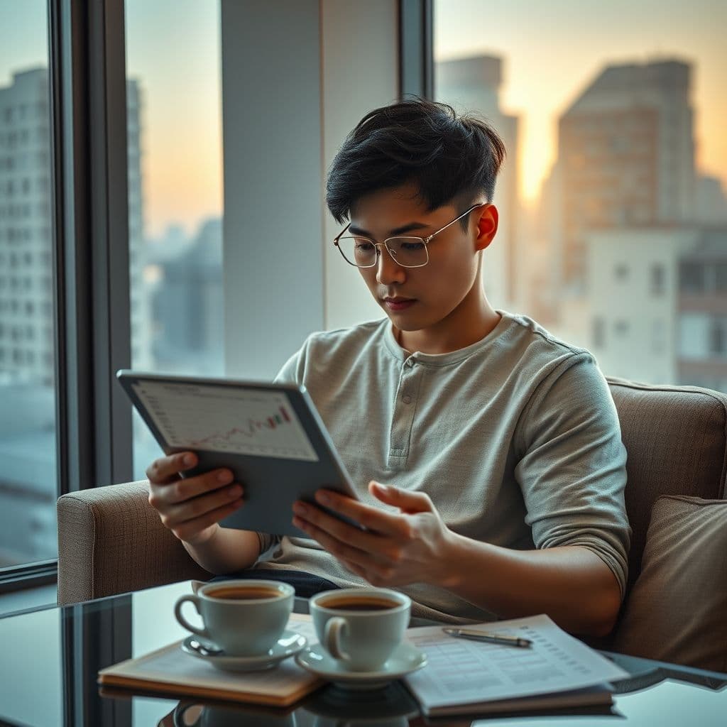 Joven revisando sus finanzas en una tablet con gráficos de inversión