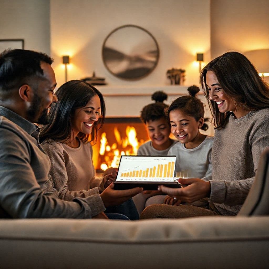 Familia viendo gráficos de inversión juntos en una tableta