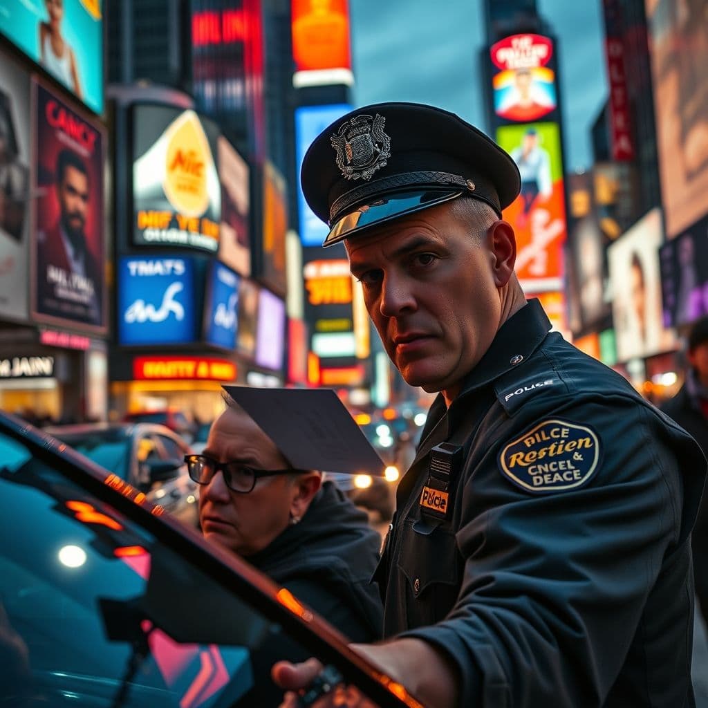 Agente de tránsito imponiendo multa a conductor infractor en intersección urbana