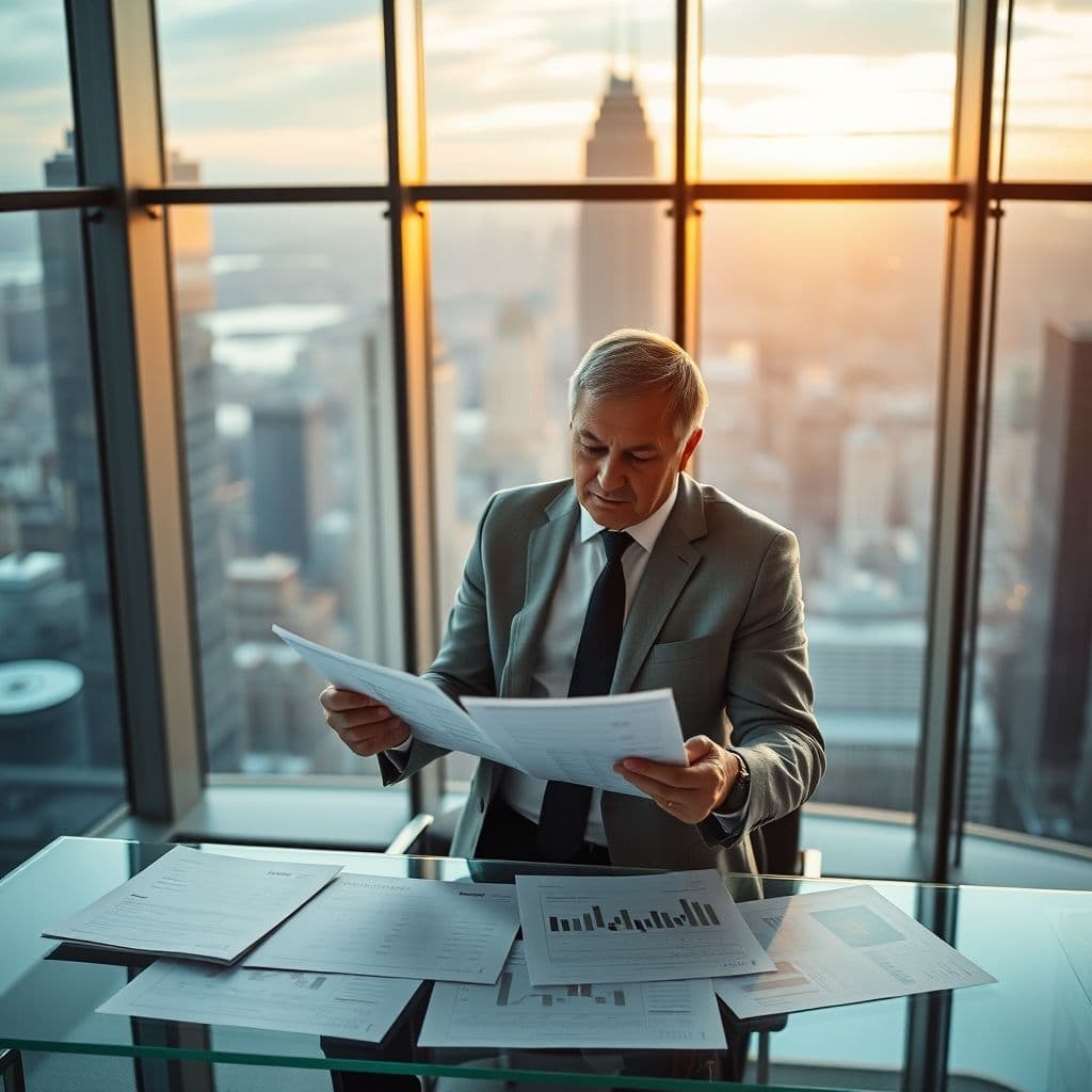 Hombre de negocios aliviado mirando documentos financieros en una oficina moderna