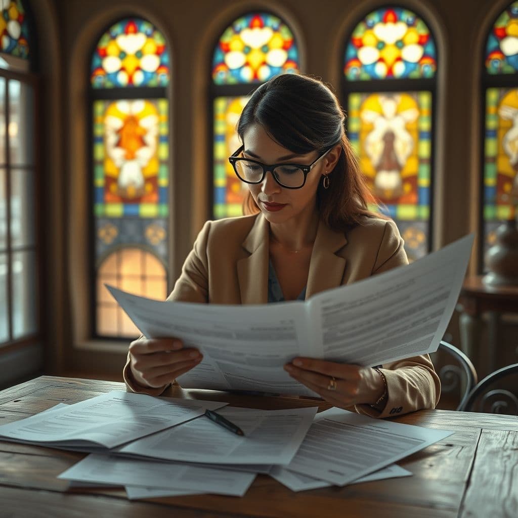 Mujer madura analizando documentos hipotecarios con lentes, fondo desenfocado de una casa ideal
