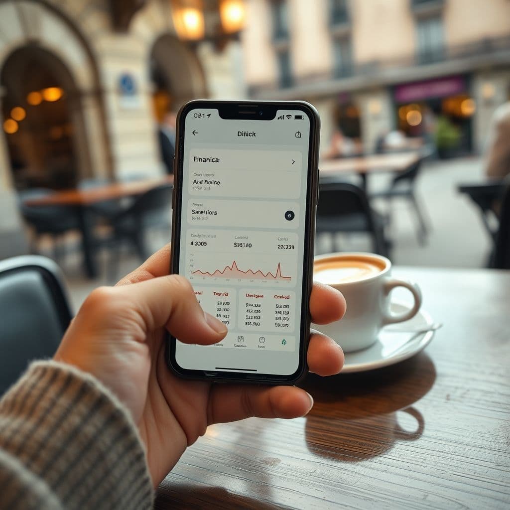 Persona usando plantilla financiera en su teléfono móvil