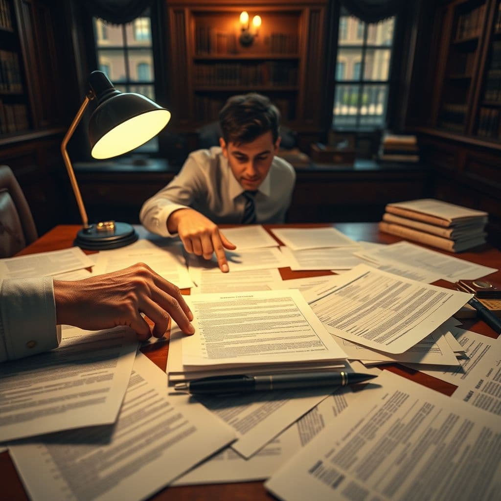 Profesional analizando documentos legales y financieros en escritorio