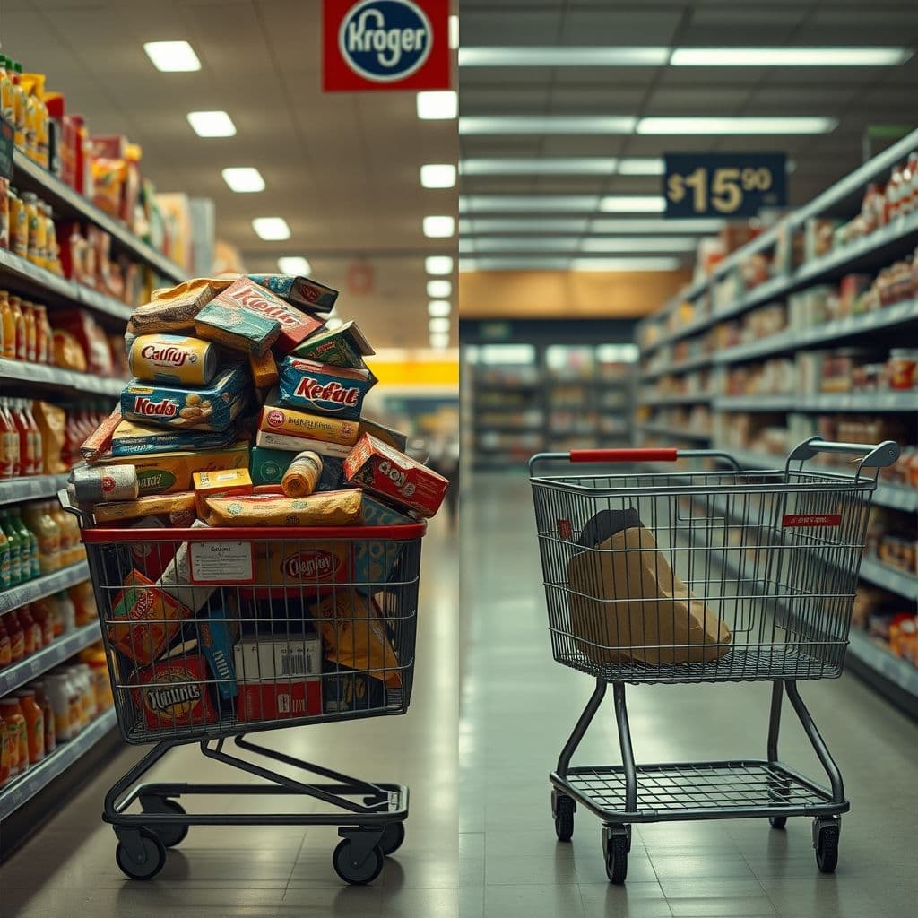 Comparación visual de carritos de supermercado llenos vs vacíos mostrando el impacto de la inflación