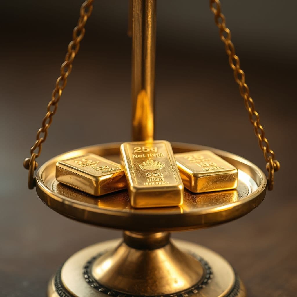 Comparativa de diferentes tamaños de lingotes de oro sobre una balanza.