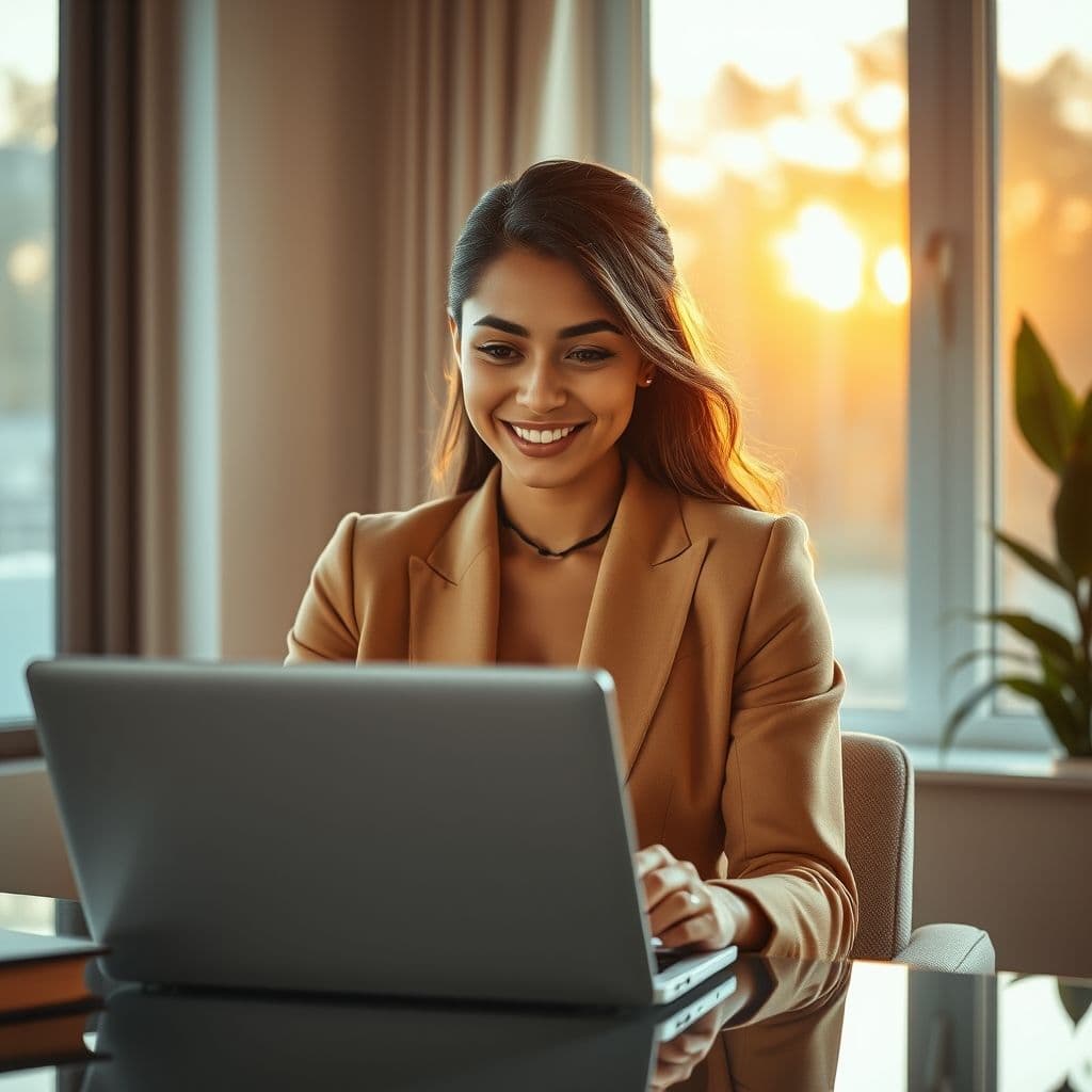 Mujer sonriente revisando sus finanzas en laptop con gráficos de crecimiento financiero