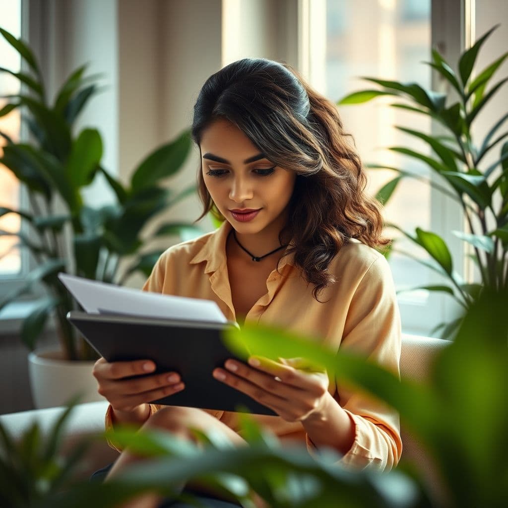 Persona revisando extractos bancarios en tablet con expresión de determinación