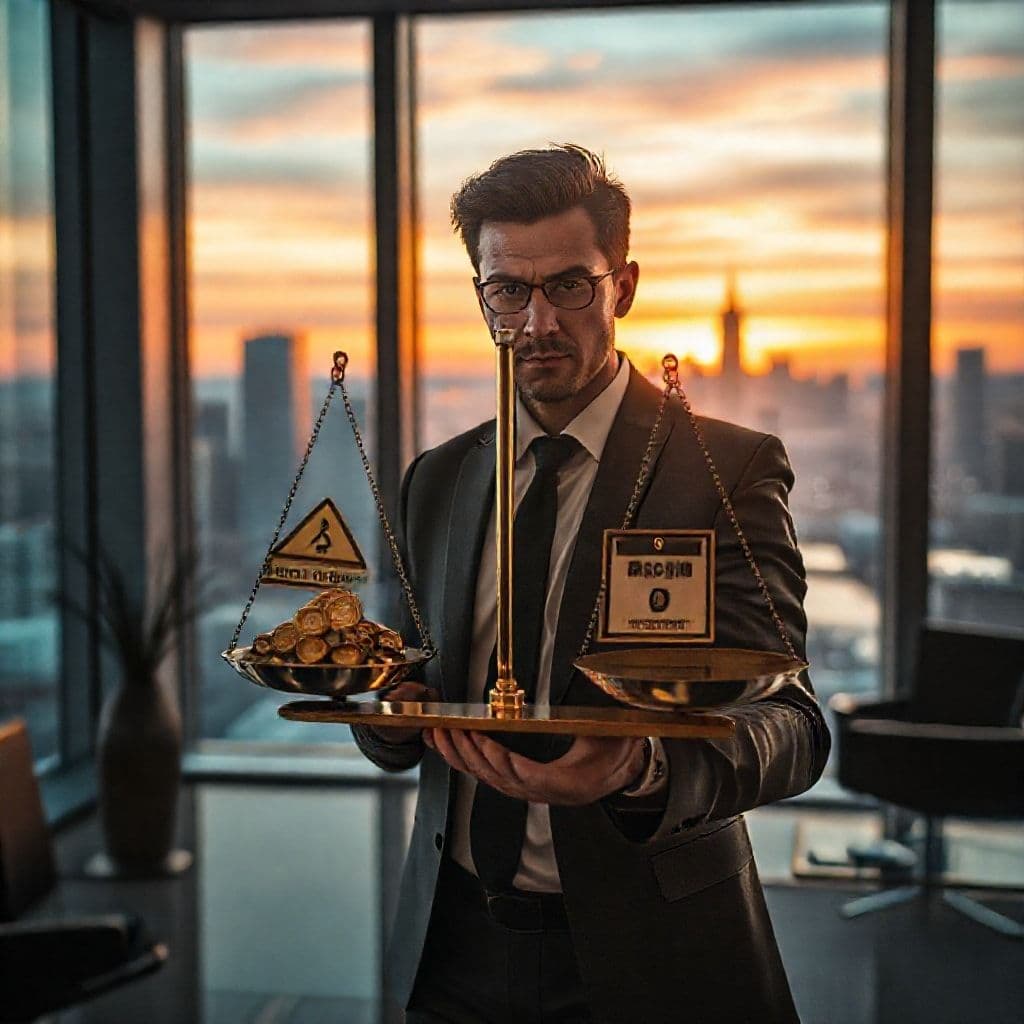 Concepto visual de apalancamiento financiero mostrando una balanza entre riesgo y recompensa